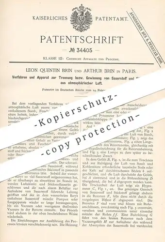 original Patent - Leon Quentin & Arthur Brin , Paris , Frankreich , 1885 | Gewinnung v. Sauerstoff & Stickstoff aus Luft