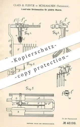 original Patent - Claes & Flentje , Mühlhausen / Thüringen , 1887 , Strickmaschine von Lamb | Stricken , Nähmaschine !!