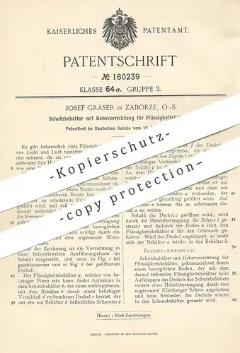 original Patent - Josef Gräser , Zaborze , Polen , 1906 , Schutzbehälter mit Hebevorrichtung für Flüssigkeitsbehälter !!