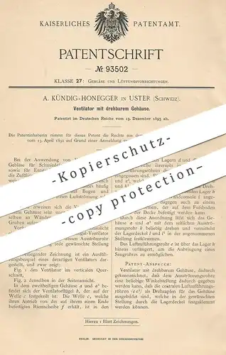 original Patent - A. Kündig Honegger , Uster , Schweiz , 1895 , Ventilator mit drehbarem Gehäuse | Gebläse für Schmied !