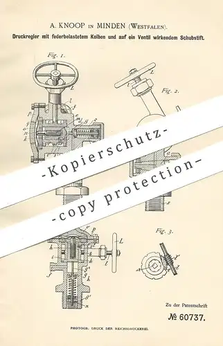 original Patent - A. Knoop , Minden , Westfalen , 1891 , Druckregler | Druck - Regler | Regulator | Motor , Motoren !!!