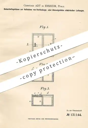 original Patent - Gebrüder Adt , Ensheim , Pfalz , 1901 , Stromkasten | Strom , Elektriker , Elektrik , Kabel , Leitung