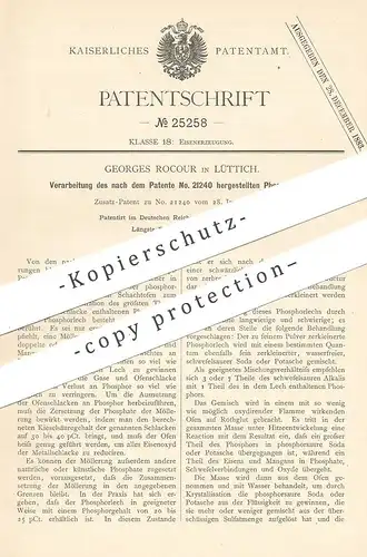 original Patent - Georges Rocour , Lüttich , 1883 , Verarbeitung von Phosphorlech | Phosphor | Metall | Schlacke , Eisen