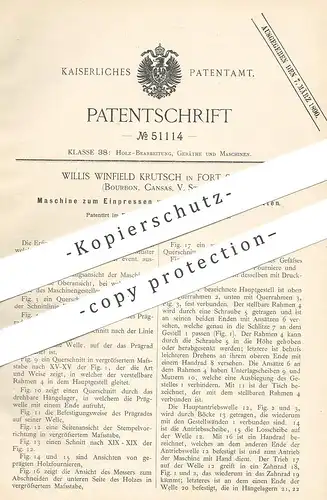 original Patent - Willis Winfield Krutsch , Fort Scott , Bourbon , USA 1889 , Einpressen von Mustern in Holzplatten