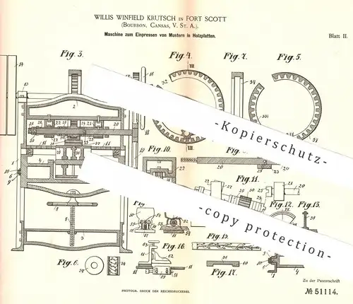 original Patent - Willis Winfield Krutsch , Fort Scott , Bourbon , USA 1889 , Einpressen von Mustern in Holzplatten