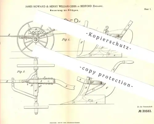 original Patent - James Howard & Henry William Gibbs , Bedford , England , 1884 , Pflug , Pflüge | Pflügen !!!