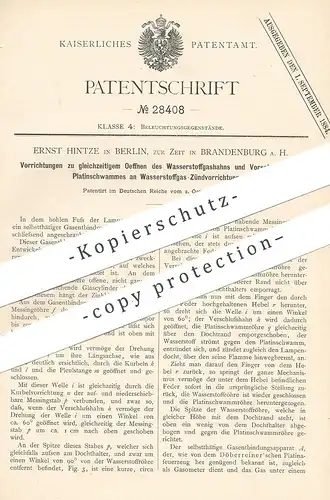 original Patent - Ernst Hintze , Berlin / Brandenburg / Havel , 1883 , Wasserstoffgas - Zünder | Brenner | Lampe , Licht