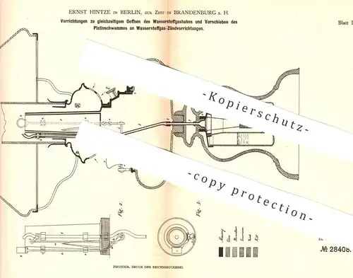 original Patent - Ernst Hintze , Berlin / Brandenburg / Havel , 1883 , Wasserstoffgas - Zünder | Brenner | Lampe , Licht