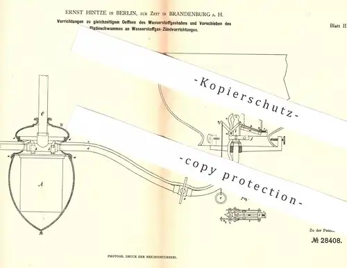 original Patent - Ernst Hintze , Berlin / Brandenburg / Havel , 1883 , Wasserstoffgas - Zünder | Brenner | Lampe , Licht