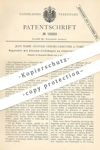 original Patent - Jean Marie Anatole Gérard Lescuyer , Paris , Frankreich , 1880 , Regulator für elektr. Lampen | Licht