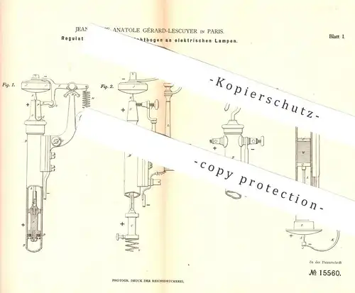 original Patent - Jean Marie Anatole Gérard Lescuyer , Paris , Frankreich , 1880 , Regulator für elektr. Lampen | Licht