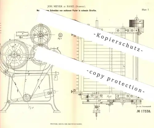 original Patent - Joh. Meyer , Basel / Schweiz , Schneiden von endlosem Papier in Streifen | Papierfabrik | Pappe !!!