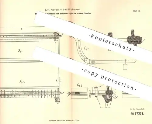 original Patent - Joh. Meyer , Basel / Schweiz , Schneiden von endlosem Papier in Streifen | Papierfabrik | Pappe !!!