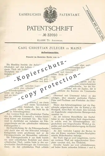 original Patent - Carl Christian Zuleger , Mainz , 1885 , Aufzwickmaschine | Schuster | Schuh , Schuhe , Schuhwerk !!!