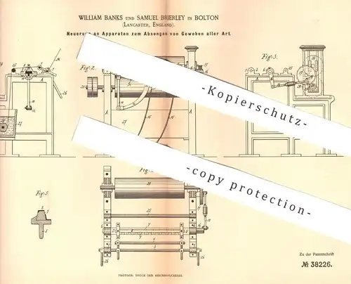 original Patent - William Banks , Samuel Brierley , Bolton , Lancaster , England , 1886 , Absengen von Gewebe | Stoff !!