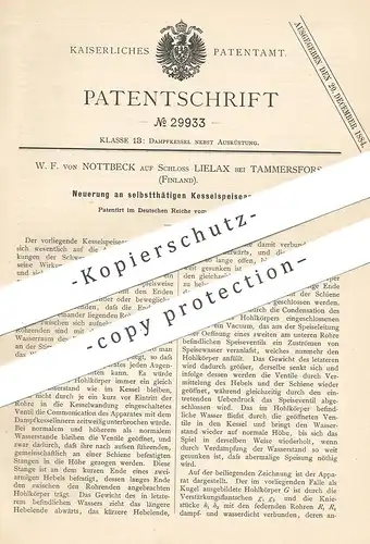 original Patent - W. F. von Nottbeck , Schloss Lielax / Tammersfors , Finnland 1884 , Kesselspeiseapparat | Dampfkessel