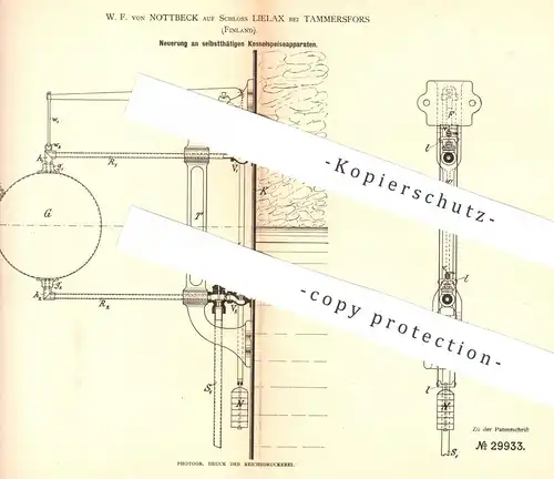 original Patent - W. F. von Nottbeck , Schloss Lielax / Tammersfors , Finnland 1884 , Kesselspeiseapparat | Dampfkessel