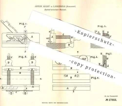 original Patent - Anton August , Langenöls / Schlesien , 1883 , Zahnleisten - Hobel | Tischler , Holz , Holzhobel !!!