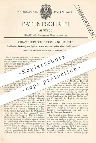 original Patent - Johann Heinrich Ehlers , Hamburg / Bahrenfeld | Werkzeug zur Bearbeitung der Nägel | Hufnagel | Nagel