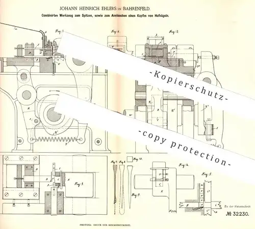 original Patent - Johann Heinrich Ehlers , Hamburg / Bahrenfeld | Werkzeug zur Bearbeitung der Nägel | Hufnagel | Nagel