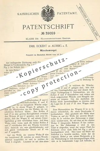 original Patent - Emil Eckert , Aussig , 1886 , Wäschemangel | Wäsche - Mangel | Presse , Walze , Walzen !!!