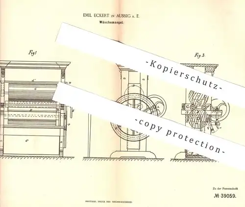 original Patent - Emil Eckert , Aussig , 1886 , Wäschemangel | Wäsche - Mangel | Presse , Walze , Walzen !!!