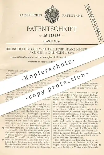 original Patent - Dillinger Fabrik Gelochter Bleche , Franz Méguin & Co. , AG , Dillingen 1902 | Kohlen - Stampfmaschine