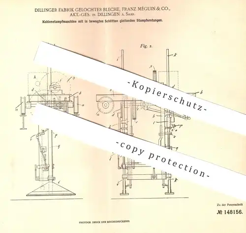 original Patent - Dillinger Fabrik Gelochter Bleche , Franz Méguin & Co. , AG , Dillingen 1902 | Kohlen - Stampfmaschine