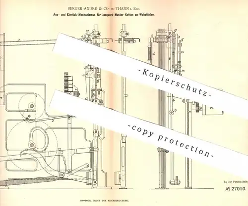 original Patent - Berger André & Co. , Thann / Elsass 1883 , Rückmechanismus für Jacquard - Muster - Ketten am Webstuhl