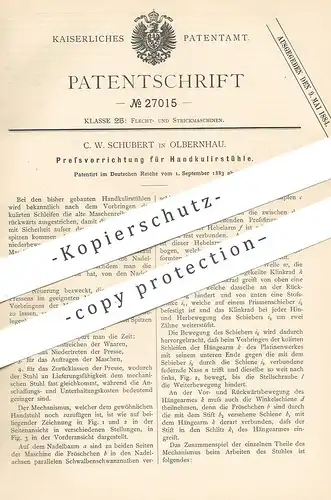 original Patent - C. W. Schubert , Olbernhau , 1883 , Pressvorrichtung für Handkulierstuhl | Kulierstuhl | Webstuhl !!!