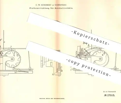 original Patent - C. W. Schubert , Olbernhau , 1883 , Pressvorrichtung für Handkulierstuhl | Kulierstuhl | Webstuhl !!!