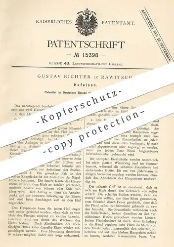 original Patent - Gustav Richter , Rawitsch , 1880 , Hufeisen | Huf - Eisen | Hufschmied , Schmied , Pferd , Pferde !!!