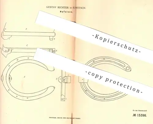 original Patent - Gustav Richter , Rawitsch , 1880 , Hufeisen | Huf - Eisen | Hufschmied , Schmied , Pferd , Pferde !!!