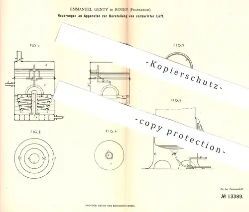 original Patent - Emmanuel Genty , Rouen , Frankreich , 1880 , Darstellung karburierter Luft | Karburator | Gas !!