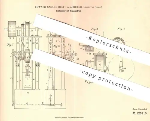 original Patent - Edward Samuel Brett , Ashfield , Coventry , England , 1901 , Fallhammer mit Riemenantrieb | Hammer !