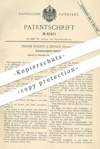 original Patent - Fredrik Kolstö , Bergen , Norwegen , 1891 , Malkasten | Farbkasten | Staffelei , Malerei | Maler !!!