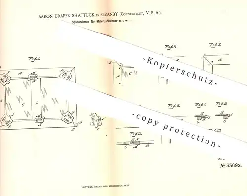 original Patent - Aaron Draper Shattuck , Granby , Connecticut , USA , 1885 | Spannrahmen f. Maler , Zeichner | Leinwand
