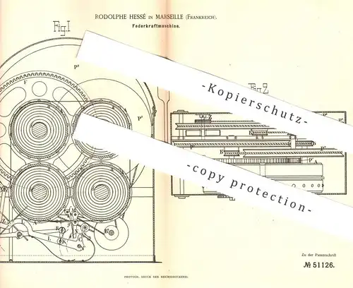 original Patent - Rodolphe Hessé , Marseille , Frankreich , 1889 , Federkraftmaschine | Motor , Motoren !!!