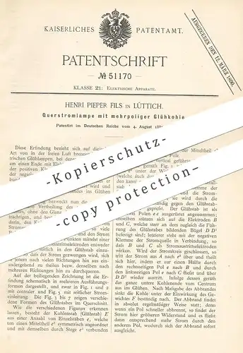 original Patent - Henri Pieper Fils , Lüttich , 1889 , Querstromlampe mit Glühkohle | Strom , Lampe , Elektriker !!!