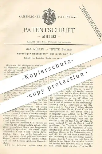 original Patent - Max Mühlig , Teplitz / Böhmen , 1889 , Regenerativ - Kreuzstrom - Gasofen | Gas - Ofen | Öfen , Gase !