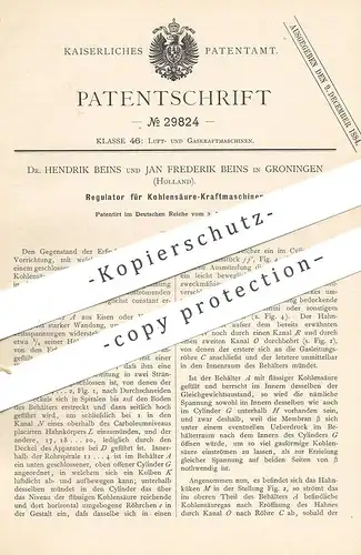 original Patent - Dr. Hendrik & Jan Frederik Beins , Groningen , Holland , 1884 , Regulator f. Kohlensäure Kraftmaschine