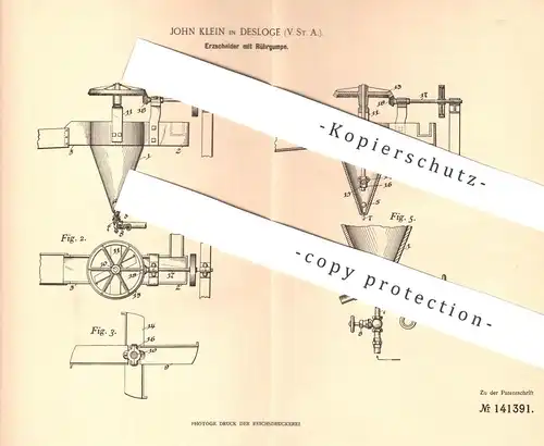 original Patent - John Klein , Desloge , USA , 1902 , Erzscheider mit Rührgumpe | Erz , Erze | Rührwerk | Trichter !!!