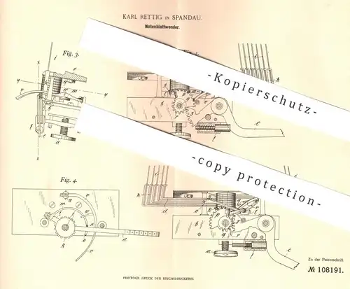 original Patent - Karl Rettig , Berlin / Spandau , 1899 , Notenblattwender | Notenblatt | Musik , Musikinstrumente !!