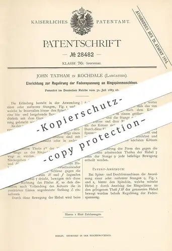 original Patent - John Tatham , Rochdale , Lancaster , 1883 , Fadenspannung an Ringspinnmaschine | Spinnmaschine