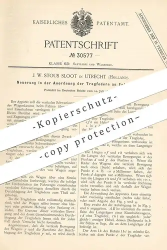 original Patent - J. W. Stous Sloot , Utrecht , Holland , 1884 , Tragfedern am Fuhrwerk | Kutsche , Wagen , Pferde !