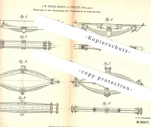 original Patent - J. W. Stous Sloot , Utrecht , Holland , 1884 , Tragfedern am Fuhrwerk | Kutsche , Wagen , Pferde !