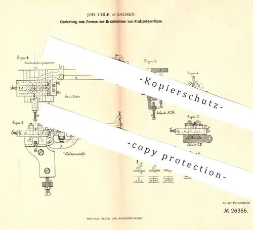 original Patent - Joh. Uhle , Aachen , 1883 , Formen der Haken vom Kratzenbeschlag | Metall , Draht , Blech !!!