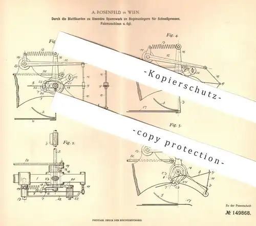 original Patent - A. Rosenfeld , Wien , 1902 , Spannwerk an Bogenanleger für Presse , Falzmaschine | Pressen | Papier !!