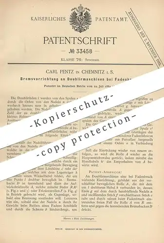 original Patent - Carl Pentz , Chemnitz | 1884 , Bremse an Doubliermaschine bei Fadenbruch | Spinnerei !!