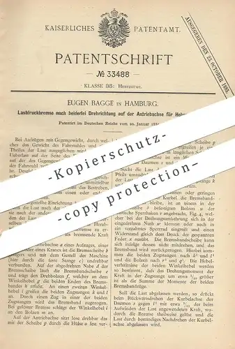 original Patent - Eugen Bagge , Hamburg , 1885 , Lastdruckbremse für Hebezeuge | Fahrstuhl | Bremse | Aufzug !!!